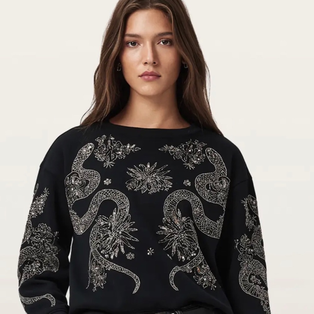 AllSaints Black Crewneck Sweater with Silver Snake Embellishment NWOT Size S